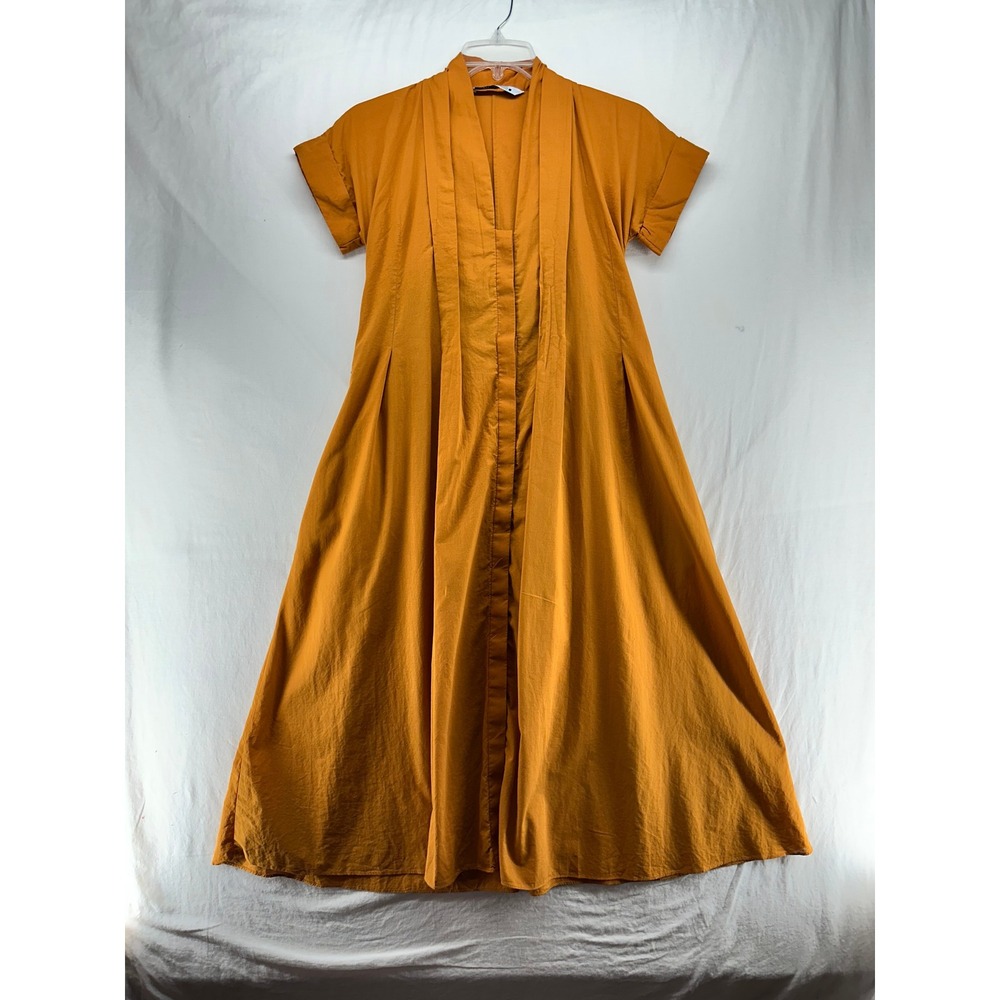 Zara Short Sleeve Button Front Midi Dress Mustard Yellow Pleated Pockets XS